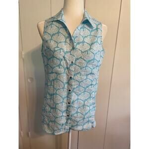 Coral Bay Size Small Linen Sleeveless Button Front Shirt Turquoise & White